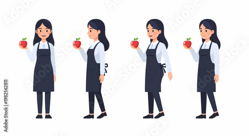 Four poses of a smiling young woman in a dark apron holding a red apple, depicting a vendor or food service worker.