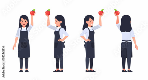 Four different views of a smiling woman in a dark apron holding a red apple, showcasing various angles of a service professional.