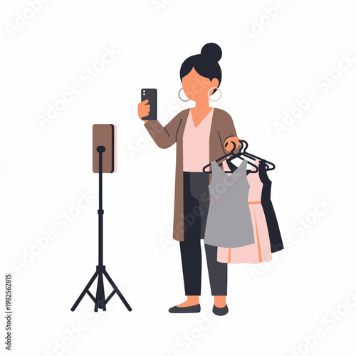 Woman live streaming fashion content with a smartphone and clothes on hangers, set up for online selling or vlogging.