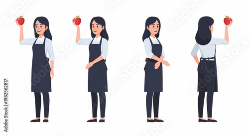 Full body views of a young woman in an apron holding a red apple, showcasing front, side, and back perspectives.