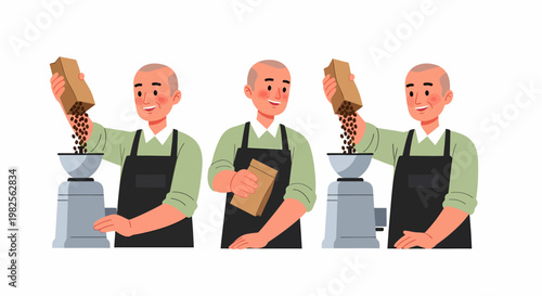 Man in apron pouring coffee beans from a bag into a grinder, preparing fresh coffee in a shop setting.