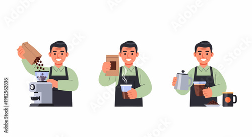 A barista preparing coffee, from grinding beans to pour-over brewing, illustrating the coffee-making process.