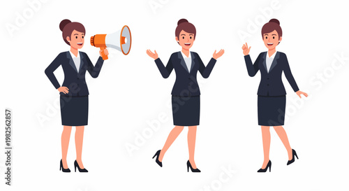 Three cartoon illustrations of a professional businesswoman in a dark suit, showing her using a megaphone, gesturing with open hands, and waving, representing communication and interaction.