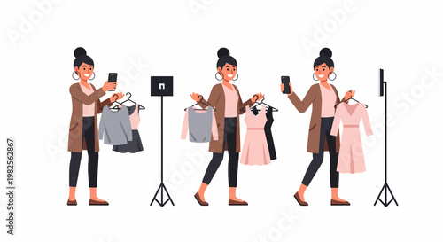A young woman fashion blogger creating online content, showcasing various outfits and dresses for her social media audience, using a smartphone and tripod.