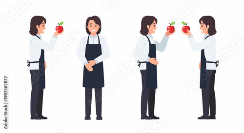 A set of illustrations showing a person in an apron holding apples and standing, representing a vendor or quality control.