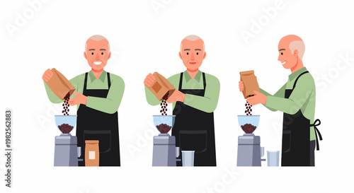 An illustration of a man pouring coffee beans from a brown bag into a coffee grinder, preparing to make fresh coffee.