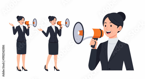 A businesswoman in a suit holding a megaphone, making an announcement or communicating a message to an audience.