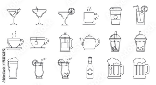 20 Line Drawing Beverage Icons, Coffee, Tea, Cocktail, Drink Symbols, Vector Illustrations