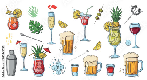 Cocktail, drink, and beer icons, tropical glasses, 20 illustration set