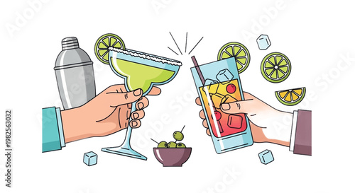 Cocktail, drink, margarita, toast, celebration, vector icons, 2 people, lime, ice