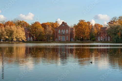 Architectural ensemble of the Admiralty on the shore of the Big Pond in the Catherine Park of Tsarskoye selo on a sunny autumn day, Pushkin, St. Petersburg, Russia