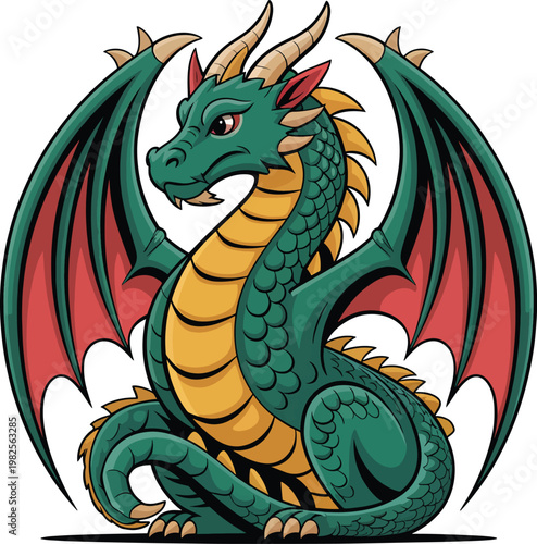 Vibrant green dragon with yellow underbelly and red wings