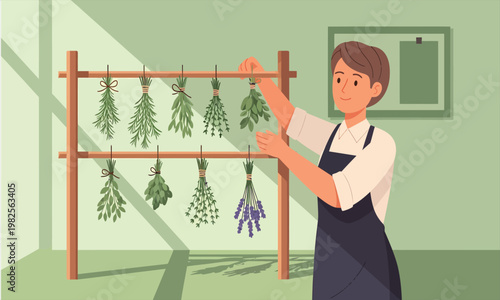 A person hanging fresh herbs on a wooden rack to dry indoors