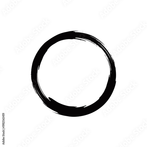 A black, hand-drawn, imperfect circle with a brushstroke texture, resembling an Enso symbol on a clean white background.