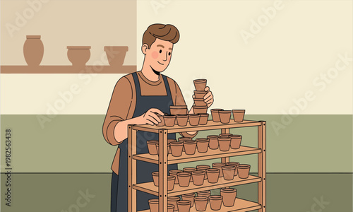 A craftsman arranging small handmade clay pots on a wooden rack