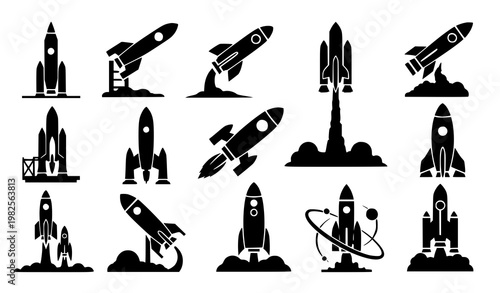 Space rocket silhouette icon bundle vector illustration
