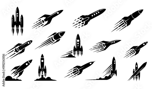 Stylized rocket silhouette icon bundle vector illustration