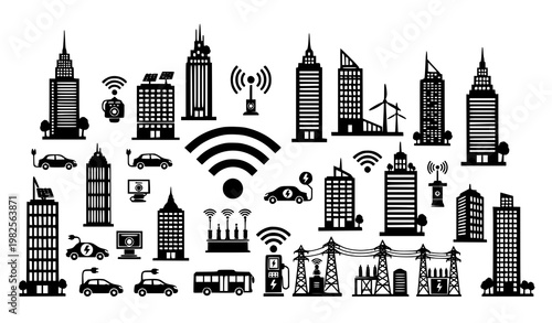 Modern smart city silhouette icons with connectivity vector