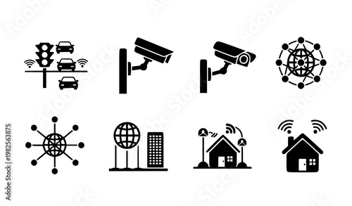 Minimal smart city technology silhouette icon set vector