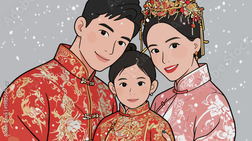 Chinese Family in Traditional Red and Pink Outfits