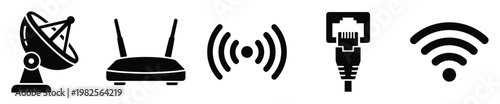 Comprehensive collection of network and communication symbols including satellite dish, wireless router, internet signal, and ethernet connector for various tech applications and