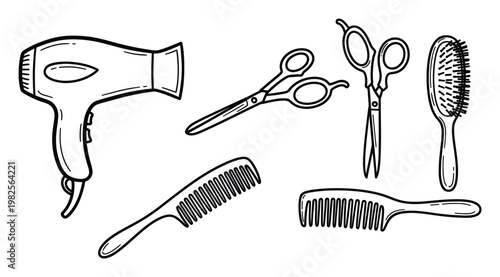 Hairdressing tools collection featuring various scissors, combs, and a hairdryer, suitable for salon business branding, beauty industry promotions, and barbershop graphics.
