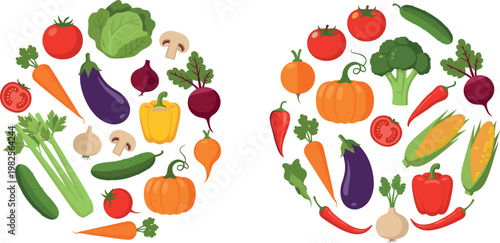 Illustration Set of Fresh Vegetables Including Carrots, Tomatoes, and Pumpkins in Circular Arrangement