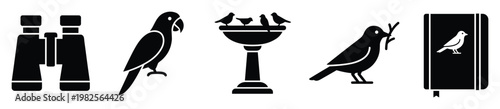 Collection of black and white birdwatching and aviary related icons including binoculars, a parrot, bird bath, and bird on a book cover perfect for nature education or wildlife appreciation
