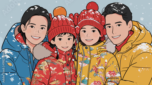 Family in winter clothing taking a group photo outdoors