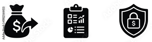 Financial management icons representing secure money transactions, comprehensive business analysis, and robust financial protection strategies for various applications.
