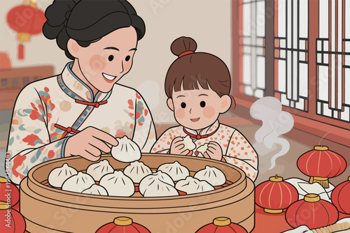 Chinese Family Making Dumplings for Festival