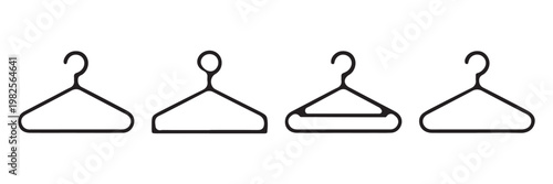 Clothes hanger outline icon set vector, wardrobe hanger symbols collection, minimal line icons for clothing storage, retail display and laundry concepts, clean UI design