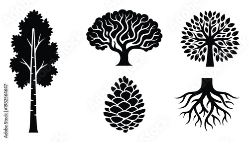 Collection of diverse tree symbols and nature icons featuring organic shapes such as tall tree, broad tree, leafy tree, pinecone, and roots, useful for logo design and graphic projects.