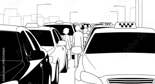 Taxi queue in a city street with people waiting.