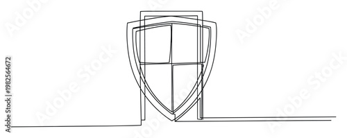 Continuous line drawing of multiple overlapping shields layered over a threshold, symbolizing robust security, digital protection, and fortified defense concepts for cybersecurity or data