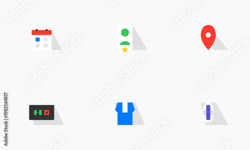 Six minimalist flat design icons featuring calendar contact location hq shirt and pill symbols