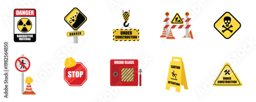 Flat vector set of industrial warning signage and safety construction icons. Flat vector illustration of various warning, danger, and construction signs