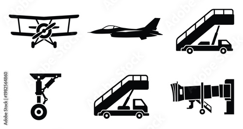 Collection of essential aviation and airport services icons featuring various aircraft types and ground support equipment for travel industry projects and transportation graphic assets