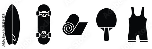 Comprehensive sports and fitness glyph set presenting essential equipment including a surfboard, skateboard, yoga mat, table tennis paddle, and athletic singlet perfect for various active