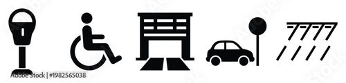 A versatile set of essential parking and accessibility icons featuring a parking meter, handicap symbol, garage entrance, car parking sign, and parking lot markings for diverse signage and