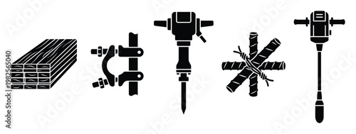 Essential construction building materials and heavy equipment silhouettes including stacked lumber, rebar, jackhammer, scaffolding clamp, and a soil compactor for industrial graphics.