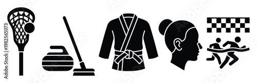 Sports and athletics glyph icons depicting various competitive activities like lacrosse, curling, martial arts, and track running, perfect for sporting event graphics and fitness