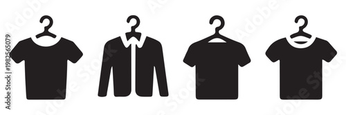 T Shirt on Hanger Black and Outline Vector Set for Apparel Design. Fabric and clothes recycle. clothing icon set featuring a t-shirt, dress and hanger. Set line T-shirt on hanger icon isolated