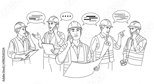 Team of construction workers discussing a blueprint.
