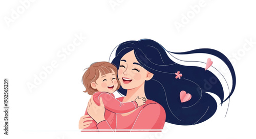 Mother, child, loving illustration, family icon, pink