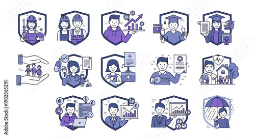Icon collection depicting professional insurance, worker protection, and financial security across diverse occupations. Concepts include career safety, health, and job security