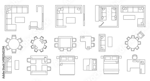 Collection of top-down floor plan layouts for various rooms including living areas, bedrooms, and dining spaces