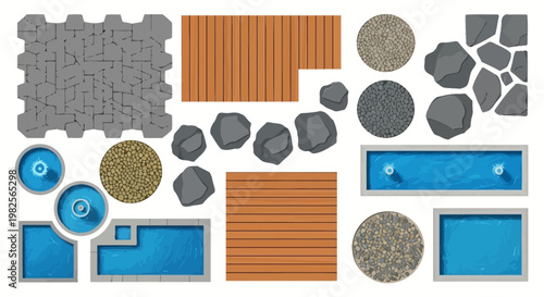 Top-down view of a courtyard with paving, wooden planks, gravel, rocks, and swimming pools featuring fountains and clear blue water