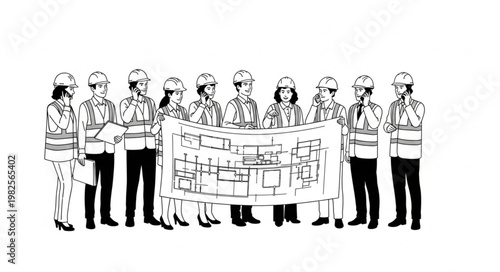 Team of construction workers holding a banner.