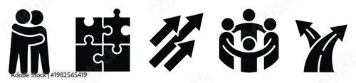 Collection of visual symbols representing teamwork, mutual support, continuous growth, strong community spirit, and strategic decisionmaking for achieving collective and individual success